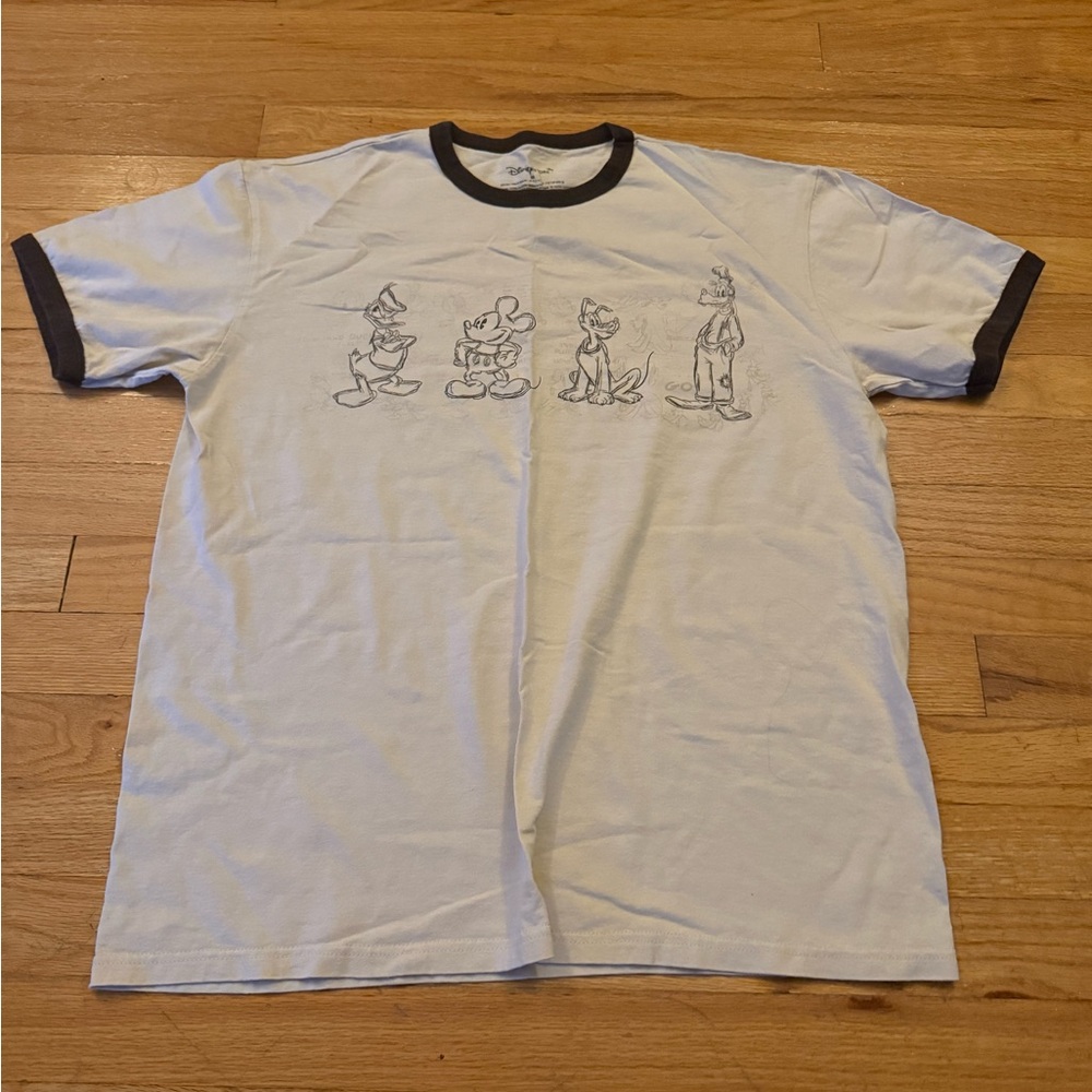 Disney White T-Shirt with Black Trim and Character Sketches